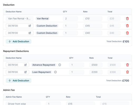 Driver deductions in SAM Pay