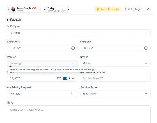 SAM driver shift details with vehicle and service assignments