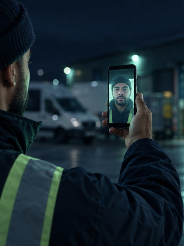 Driver using a phone at a delivery depot